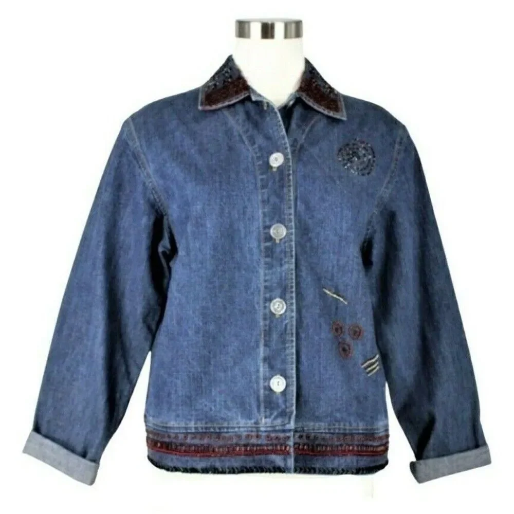 Chico's Denim Jacket Beaded Applique Embroidered Embellished Blue Women's Size 4 - Picture 1 of 11